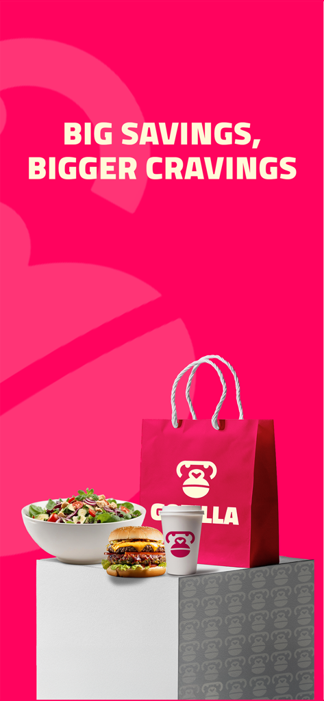 Gozilla - Delivery App - Gozilla delivery app promotional graphic featuring a burger salad and coffee on a pink background with the text Big Savings Bigger Cravings