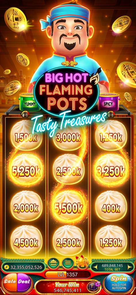 Gameplay of Big Hot Flaming Pots slot machine in 88 Fortunes Slots app featuring an Asian chef character and winning symbols