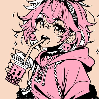 hot baddie anime girl drinking boba and biting the straw