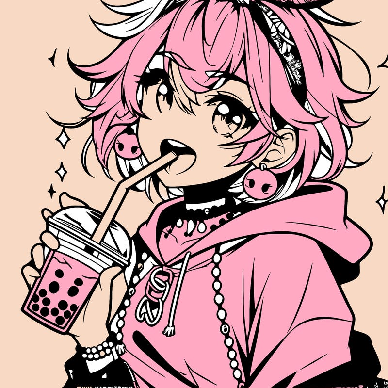 hot baddie anime girl drinking boba and biting the straw