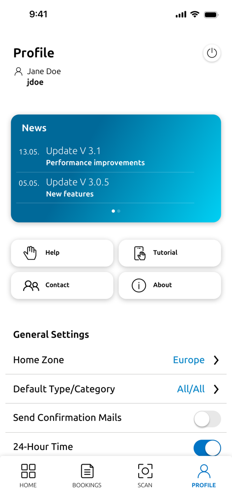 Gingco Share - The profile and settings screen of the Gingco Share app showing user information and app news.