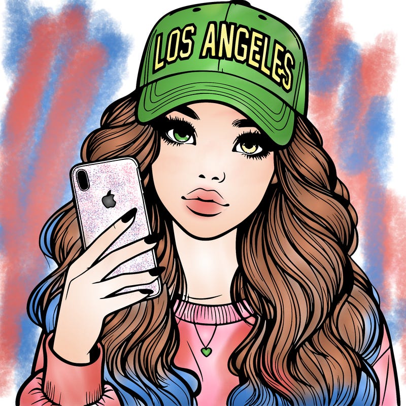 realistic beautiful girl wearing los ángeles cap holding an iphone
