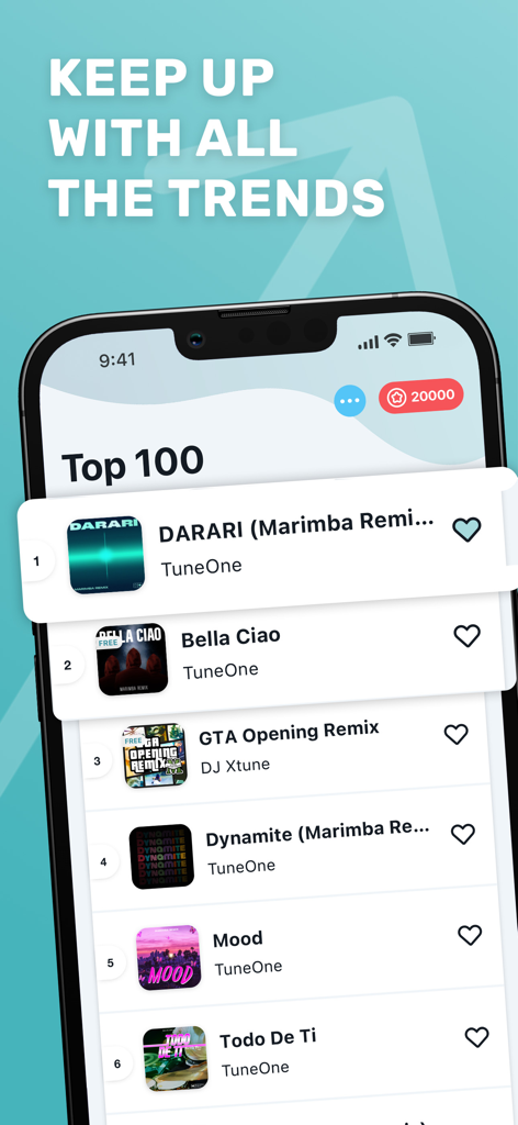 Tuunes app interface showing a list of top trending ringtones and viral music tracks for iPhone