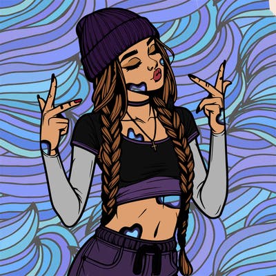 realistic teenage girl with braids and a beanie and crop top doing 🫶🏼