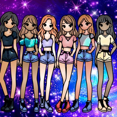 a group of girls wearing crop tops and shorts