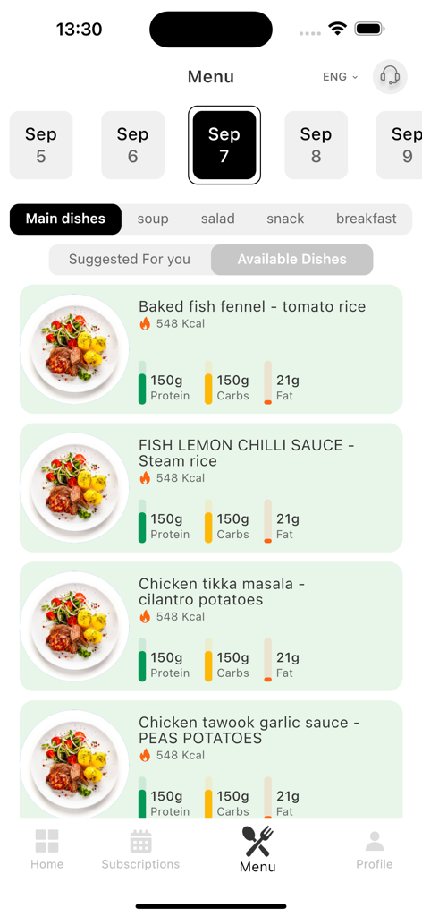 V-SHAPE - في شيب - V-Shape mobile app menu displaying healthy meal options with calorie and macronutrient details for a daily subscription plan