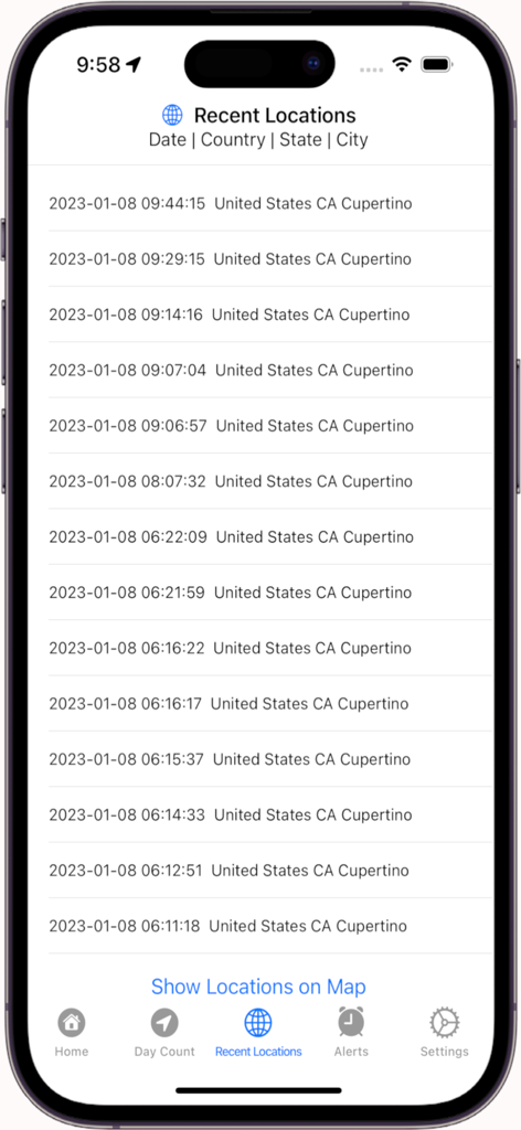 Domicile365 Residency Tracker app screen showing a list of recent locations with timestamps and geographic data for tax compliance proof