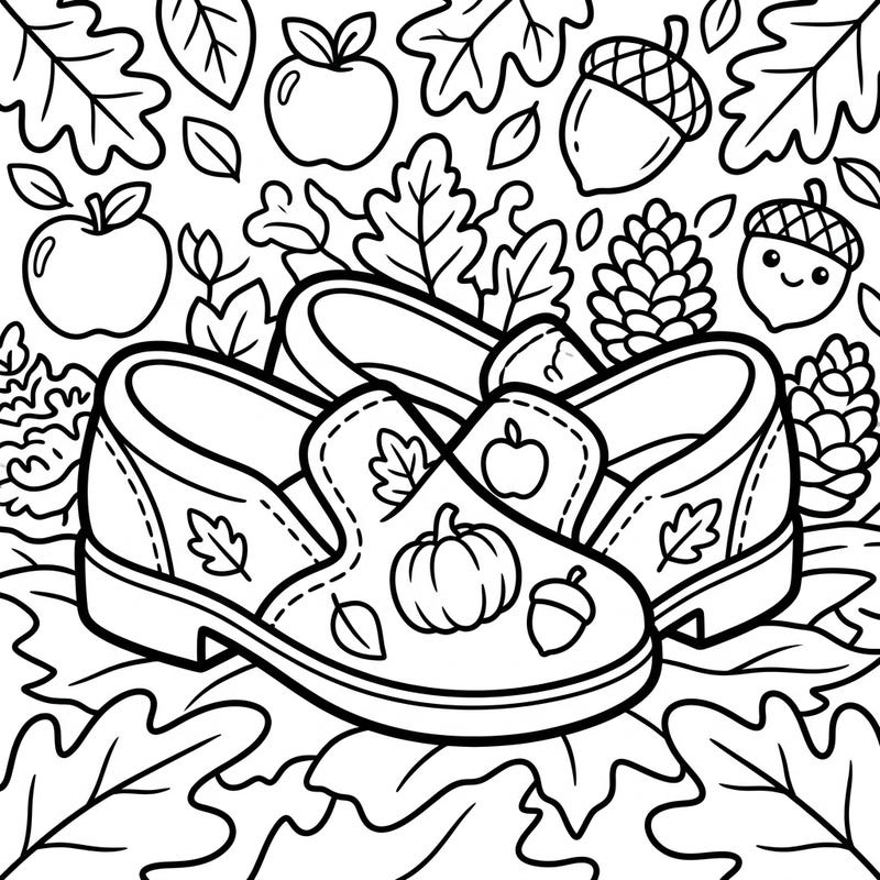 Step into the season with this delightful autumn loafers coloring page, perfect for little hands. Toddlers will love bringing vibrant fall colors to these charming shoes and their festive surroundings.