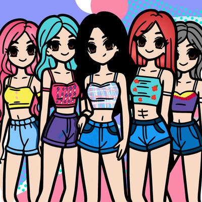 a group of girls wearing crop tops and shorts