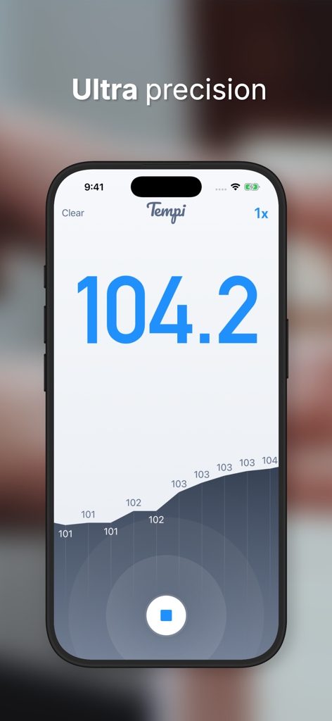 Tempi: BPM Counter & Detector - Screenshot dell'app Tempi che mostra una lettura precisa del BPM in tempo reale di 104,2 con un grafico della cronologia del tempo.