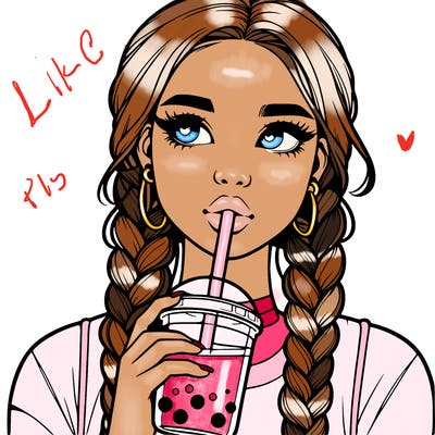 realistic girl with braided hair drinking boba