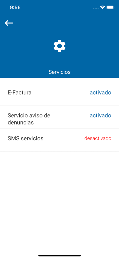 Presto Parking - Menú de configuración de la aplicación Presto Parking mostrando el estado activo de los servicios de factura electrónica y notificación de multas de aparcamiento