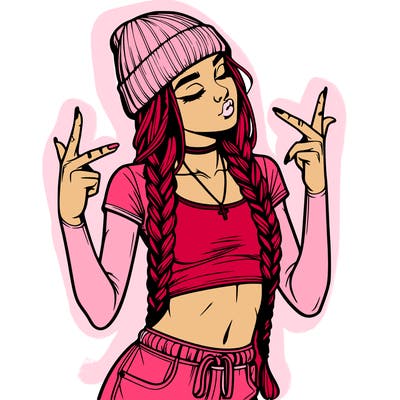 realistic teenage girl with braids and a beanie and crop top doing 🫶🏼