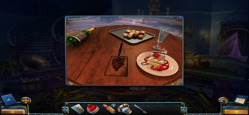 A detailed hidden object puzzle scene featuring desserts and champagne on a wooden table.