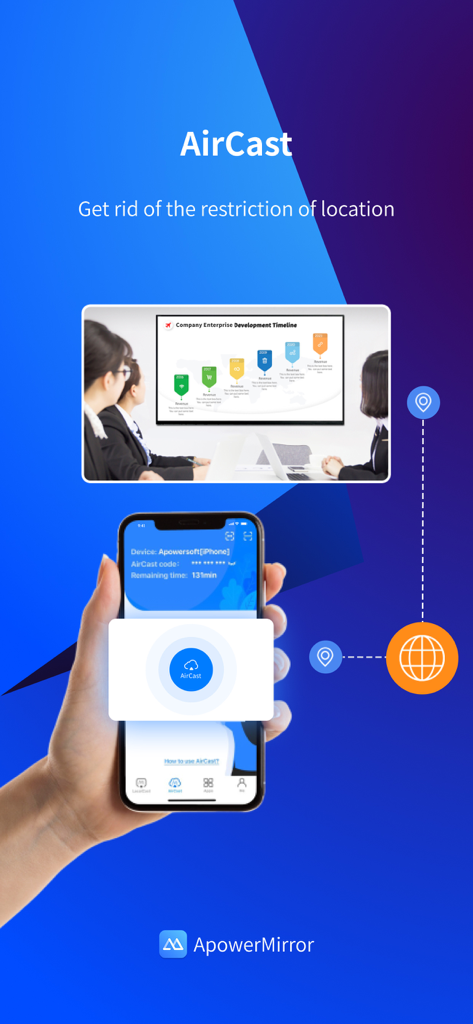 Recurso AirCast do ApowerMirror mostrando compartilhamento de tela remoto entre um smartphone e uma tela de apresentação de sala de reuniões em redes diferentes.
