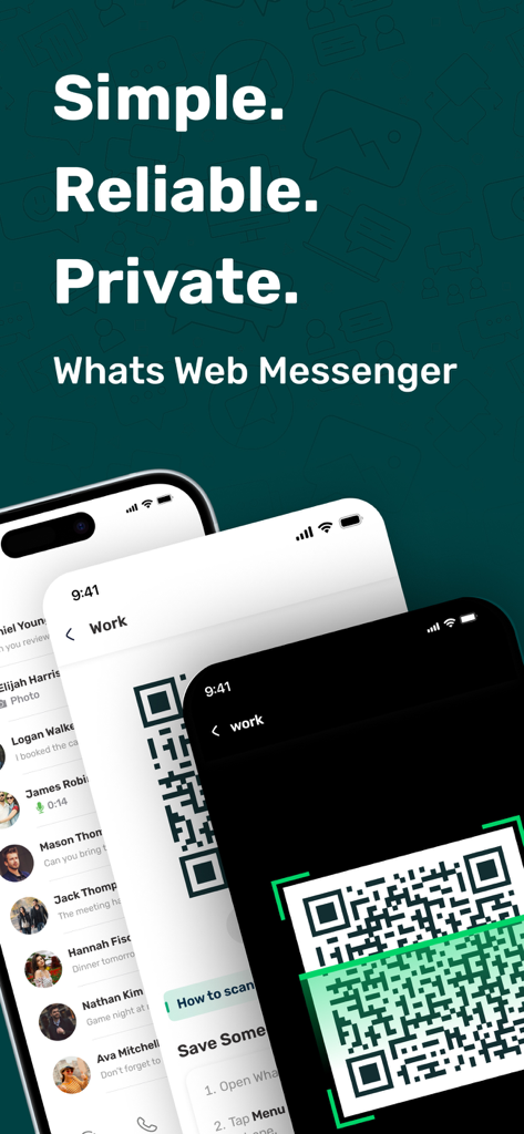 Whats Web - Dual App Messenger - Whats Web Messenger app interface showing QR code scanning for dual accounts on multiple mobile screens