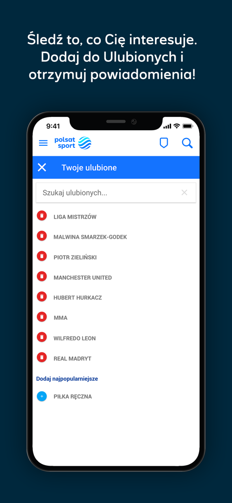 Interface of the Polsat Sport app showing a list of favorite athletes and sports teams for personalized updates