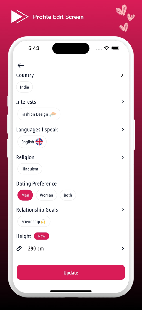 Profile edit screen of Upoznaj Me Balkan app showing settings for country, interests, religion, and dating preferences
