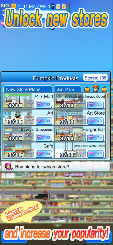 A pixel art menu screen in Mega Mall Story 2 showing various store plans to unlock including a cafe and burger bar