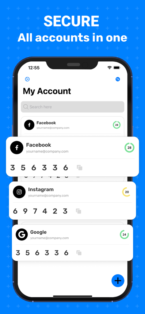Interface of the 2FA Authenticator App displaying verification codes for Facebook Instagram and Google accounts.