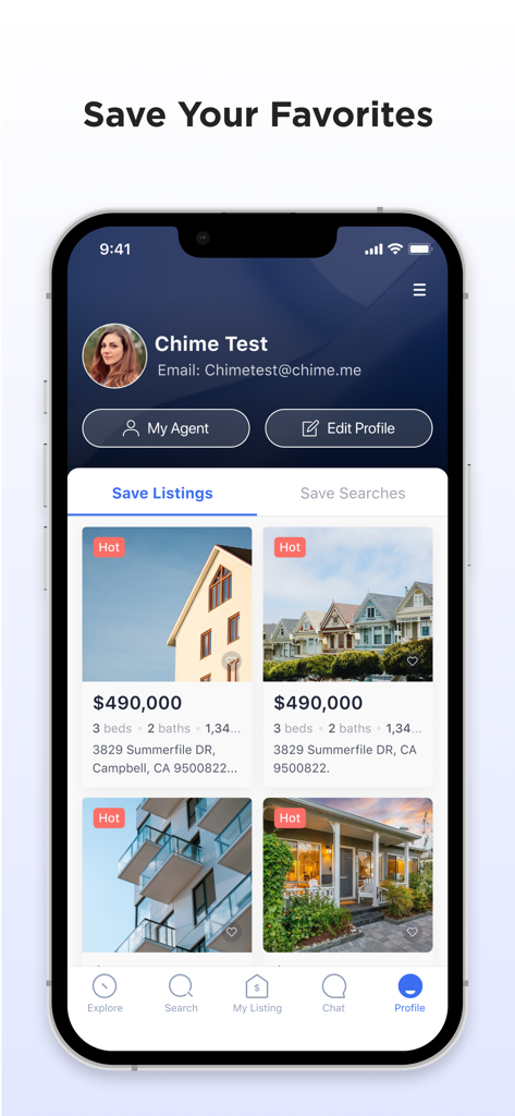 Screenshot of the Closely app showing a user profile page with saved property listings labeled as hot