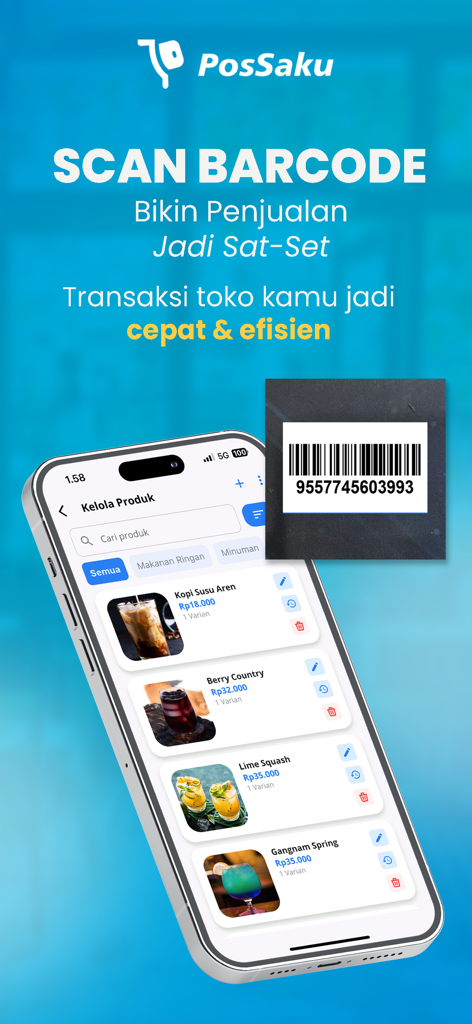 Kasir & Buku Kas PosSaku - Barcode scanning feature on PosSaku mobile POS app for fast transactions