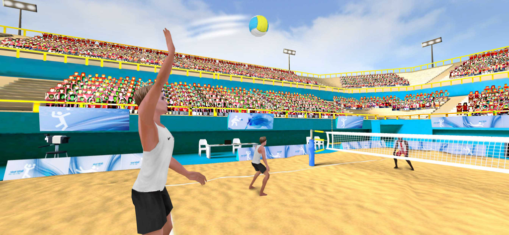 Real Volleyball Champions 3D - A 3D beach volleyball player serving the ball during a match in a stadium