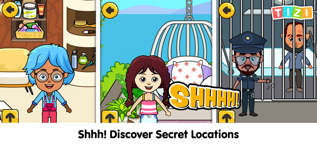 Tizi Town - My World - Eine Collage von Gameplay-Szenen aus Tizi Town, die Charaktere in einem Salon, einem Garten und einer Polizeistation mit einem Gefangenen hinter Gittern zeigen.