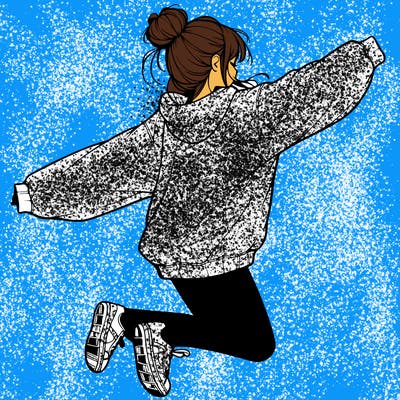 realistic girl jumping with a bun and oversized sweatshirt