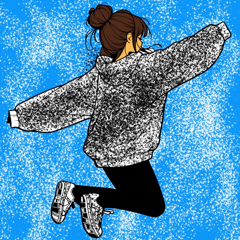 realistic girl jumping with a bun and oversized sweatshirt