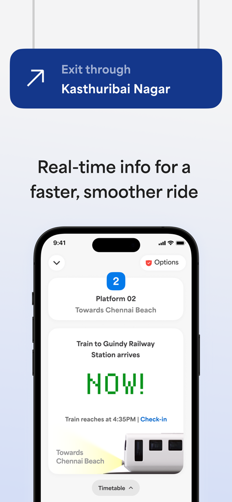 Notificações de chegada e saída de trem em tempo real na interface do aplicativo móvel Chennai One