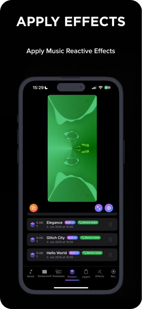 Musik-Visualizer-Spectrum-FX-Oberfläche mit verschiedenen musikreaktiven Effekt-Presets auf einem iPhone.