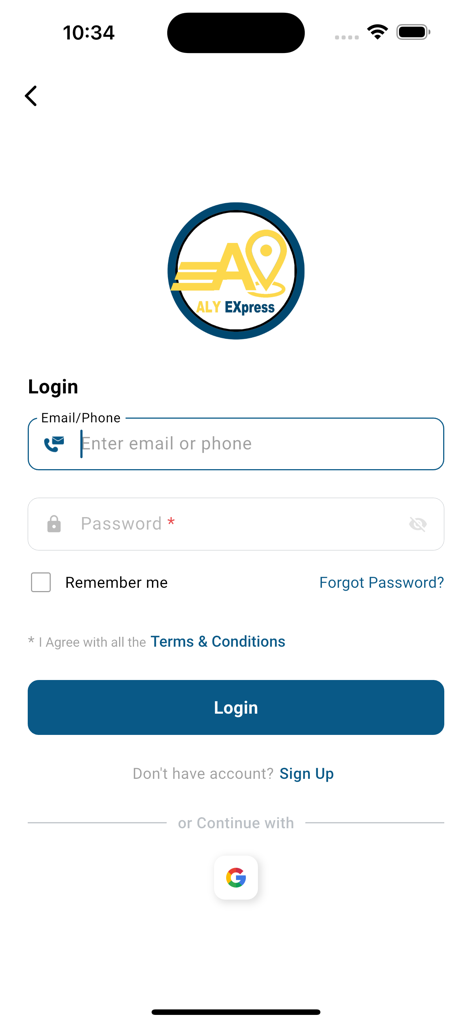 Aly Express app login page with email and password input fields