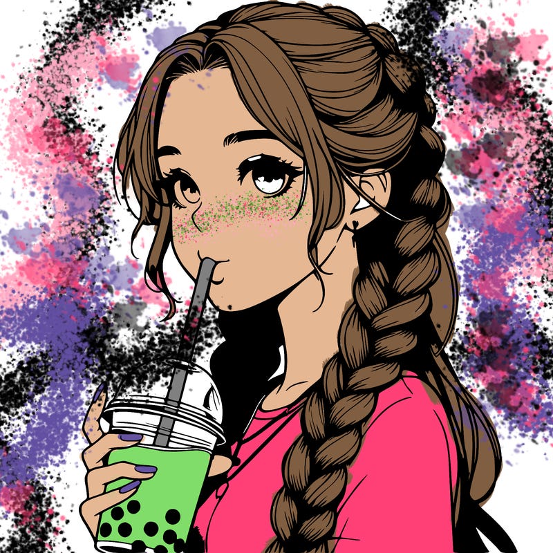 realistic girl with braided hair drinking boba