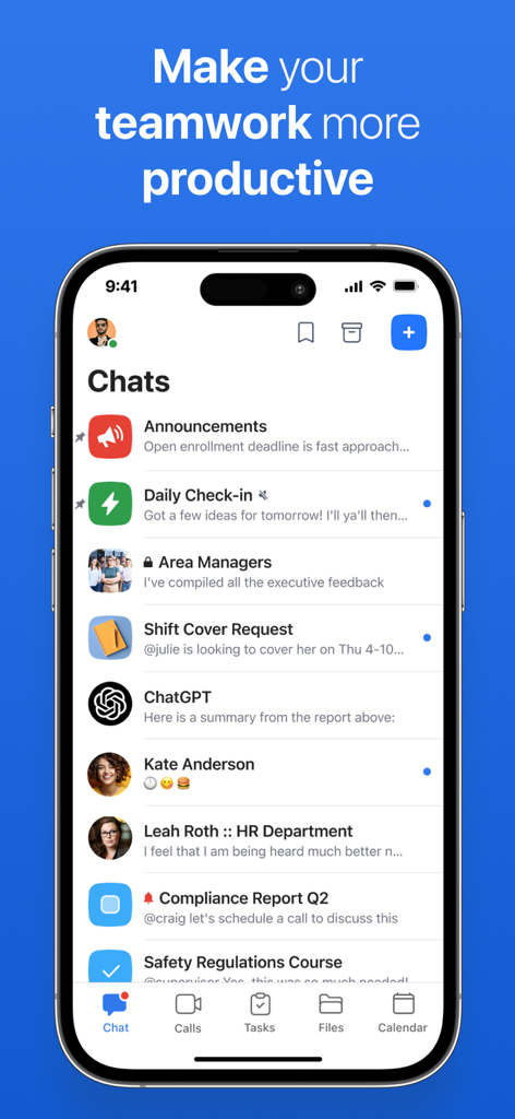 Chanty - Team Collaboration - Chanty mobile app interface showing a list of team chats and collaboration tools