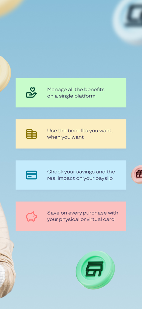 Cobee by Pluxee - Riepilogo delle funzionalità dell'app Cobee che includono gestione dei benefit, spesa flessibile, monitoraggio dei risparmi e pagamenti con carta.