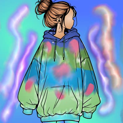 realistic girl with a oversized sweatshirt on and a bun