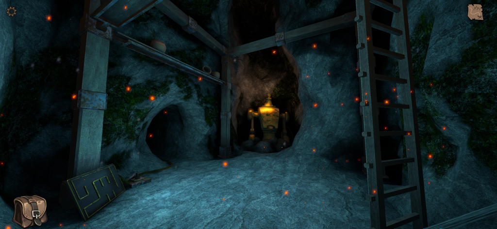 Legacy - Reawakening - A dark underground cave featuring ancient structures and a mysterious golden robot in the distance