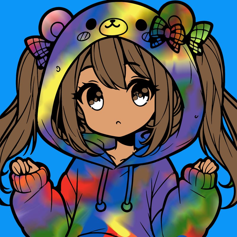 cute anime girl with ponytails and a cute bear hoodie
