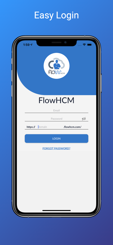 FlowHCM mobile app login screen featuring email and password input fields on an iPhone.