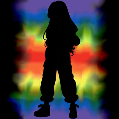 girl in baggy pants crop top and long hair