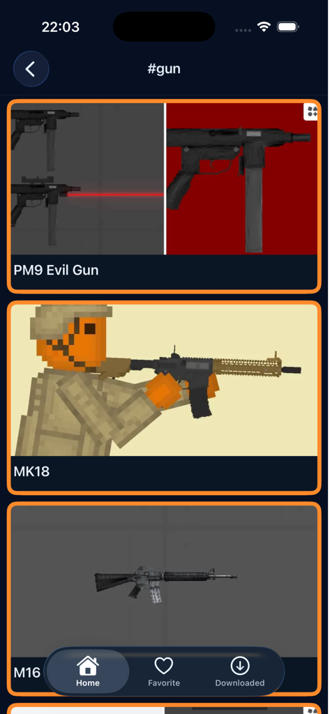 Galería dentro de la aplicación que muestra mods de armas incluyendo PM9 Evil Gun, MK18 y M16 para Fruit Playground.