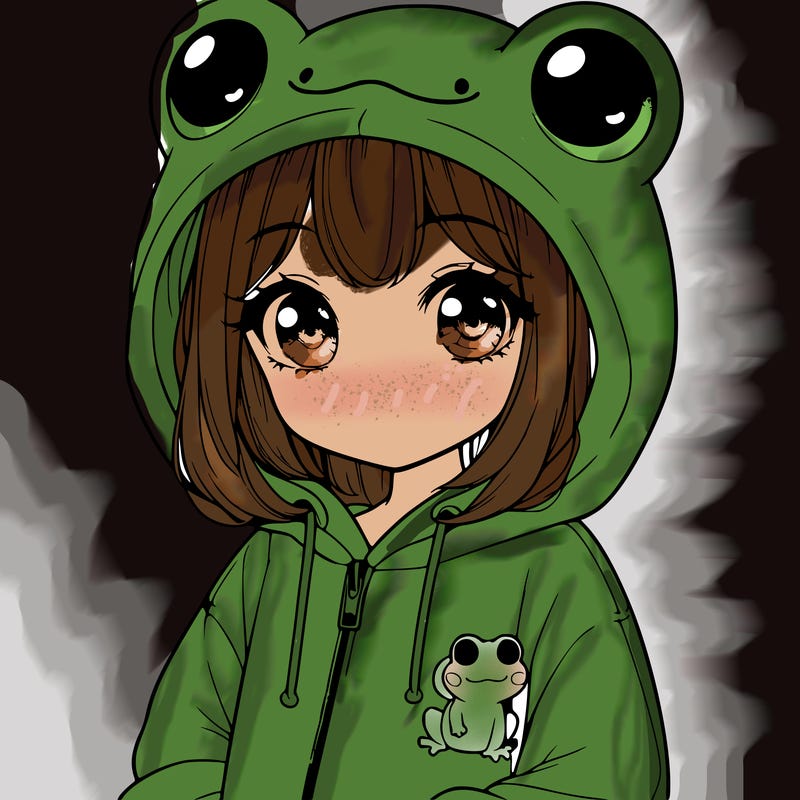 cute realistic girl in a froggy hoodie
