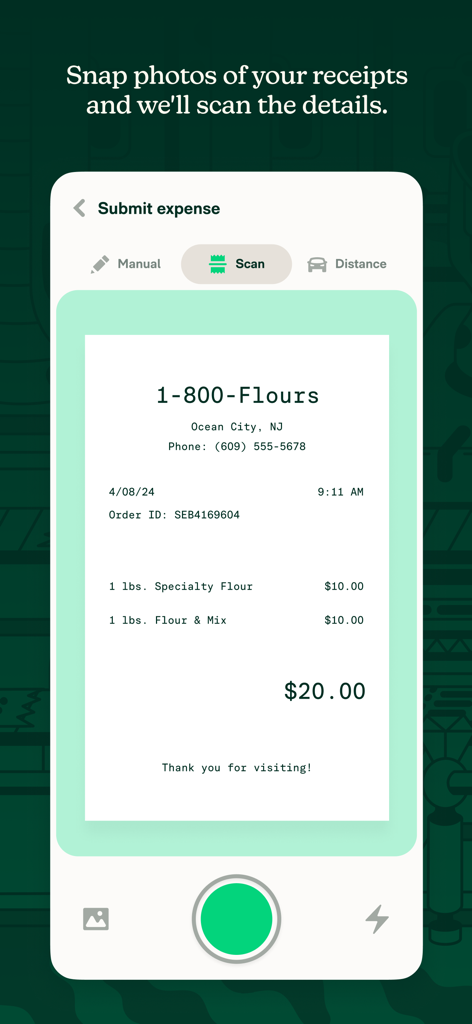 Expensify - Travel & Expense - Expensify app screen showing the smartscan feature for capturing receipt details automatically