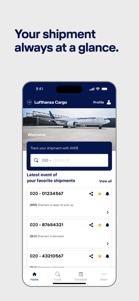 Lufthansa Cargo mobile app interface displaying shipment tracking status and AWB search tool