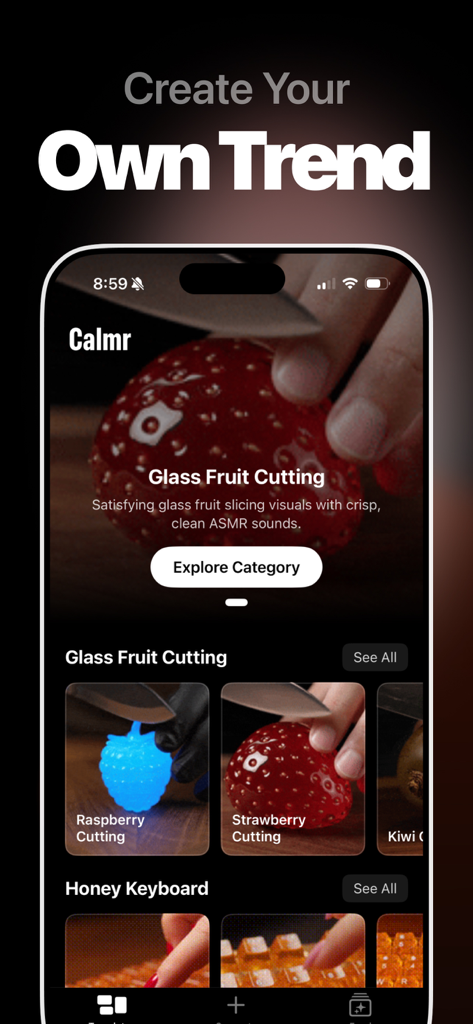 Mobile App-Oberfläche für CALMR KI ASMR Video Generator, die Glass Fruit-Schnittvorlagen anzeigt.