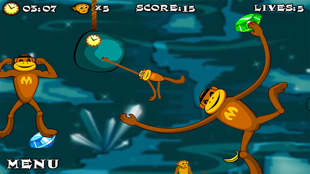 Jungle Spider Monkey:SuperHero Adventure - Um macaco super-herói de desenho animado se balança por um ambiente de selva azul coletando joias e bananas.