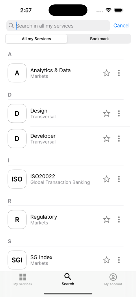SG Markets - Search interface of the SG Markets app showing a list of institutional financial services like Analytics and SG Index