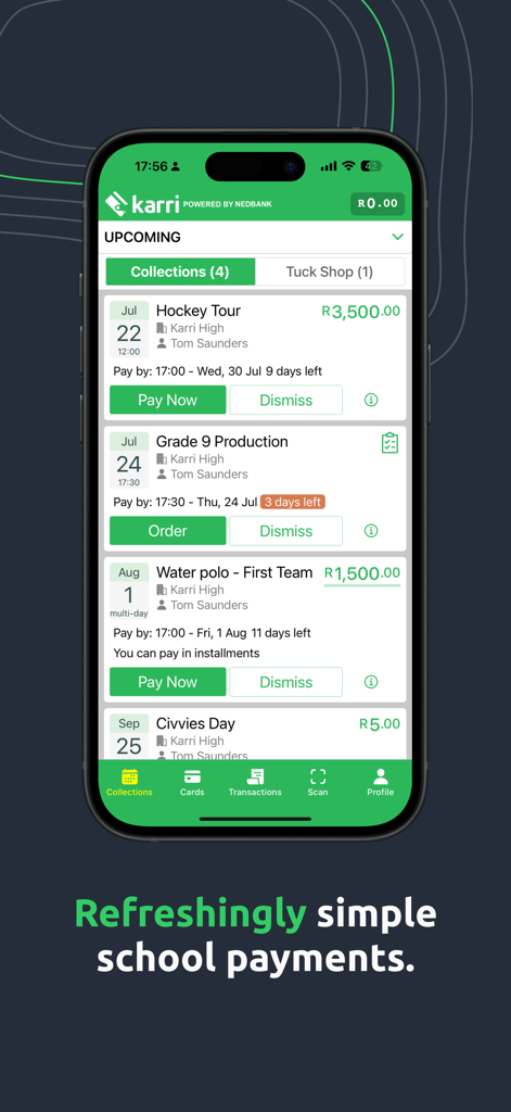 The Karri app interface displaying a list of upcoming school payments and activities for easy parental management.