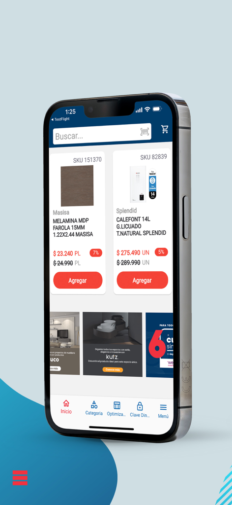 Imperial App - Imperial App home screen showing construction products like melamine and heaters with add to cart buttons and a search bar